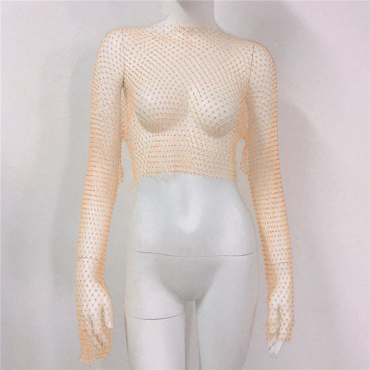 Fishnet Long Sleeve Top Mesh Rhinestone-Blouses & Shirts-Zishirts