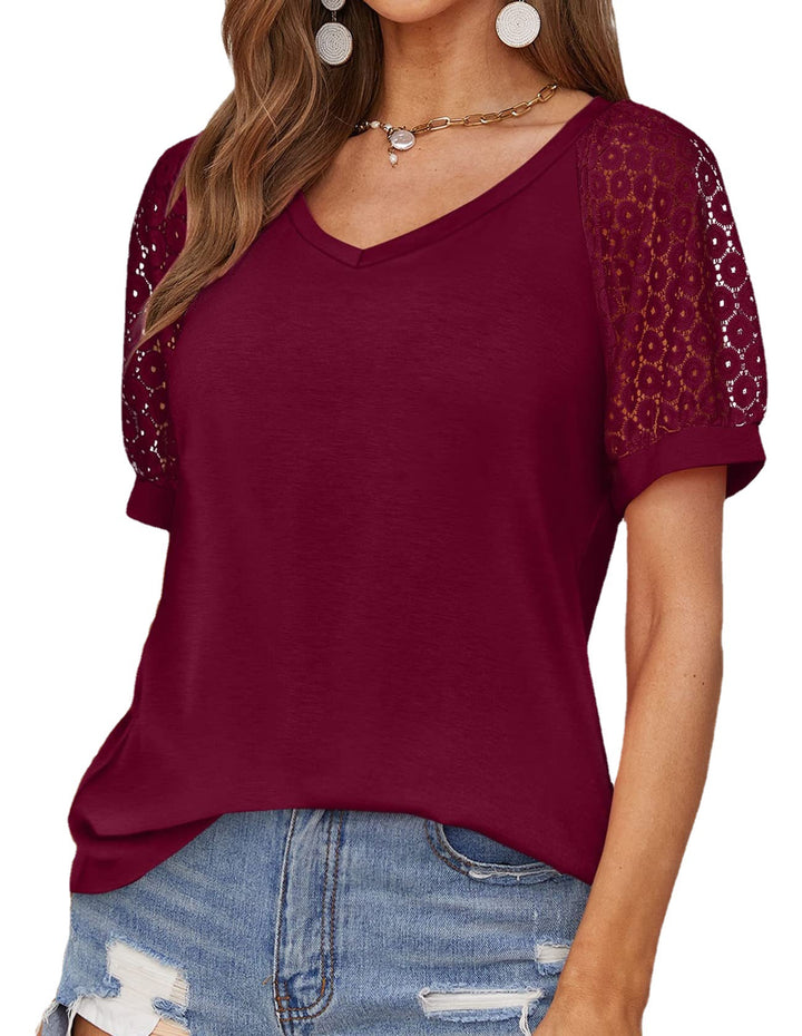 V-neck Lace Stitching Casual T-shirt For Women-Blouses & Shirts-Zishirts