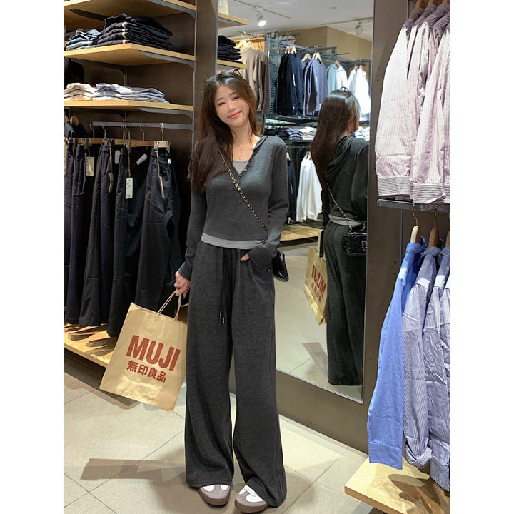 Fake Two Pieces Leisure Stitching Hooded Long-sleeved Top Straight-leg Pants Two-piece Set-Suits & Sets-Zishirts