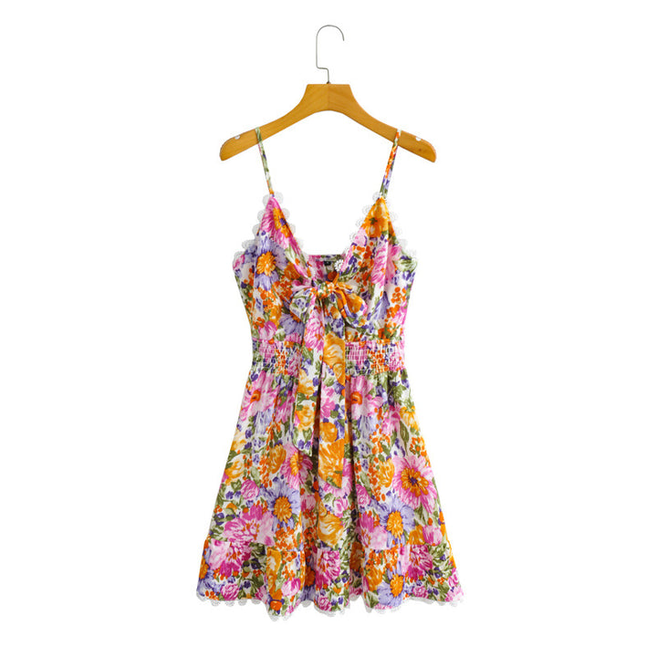Women's Fashion Casual Lace Decoration Front Knotted Printing Slip Dress-Lady Dresses-Zishirts
