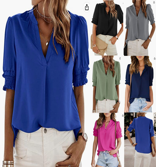 Women's V-neck Casual Short-sleeved Solid Color Chiffon Shirt-Womens 2024 March-Zishirts