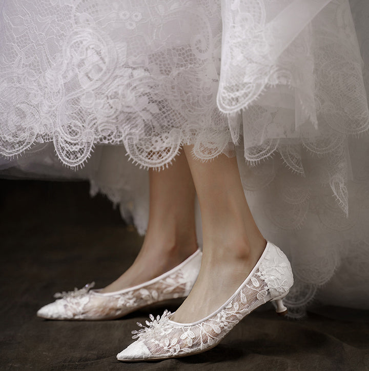 Wedding Shoes Flat White Wedding Dress Crystal Low Heel Shoes-Womens Footwear-Zishirts