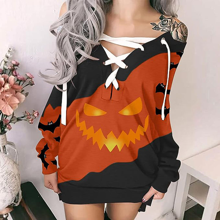 Women's V-neck Lace-up Dress Halloween Skull Print-Lady Dresses-Zishirts