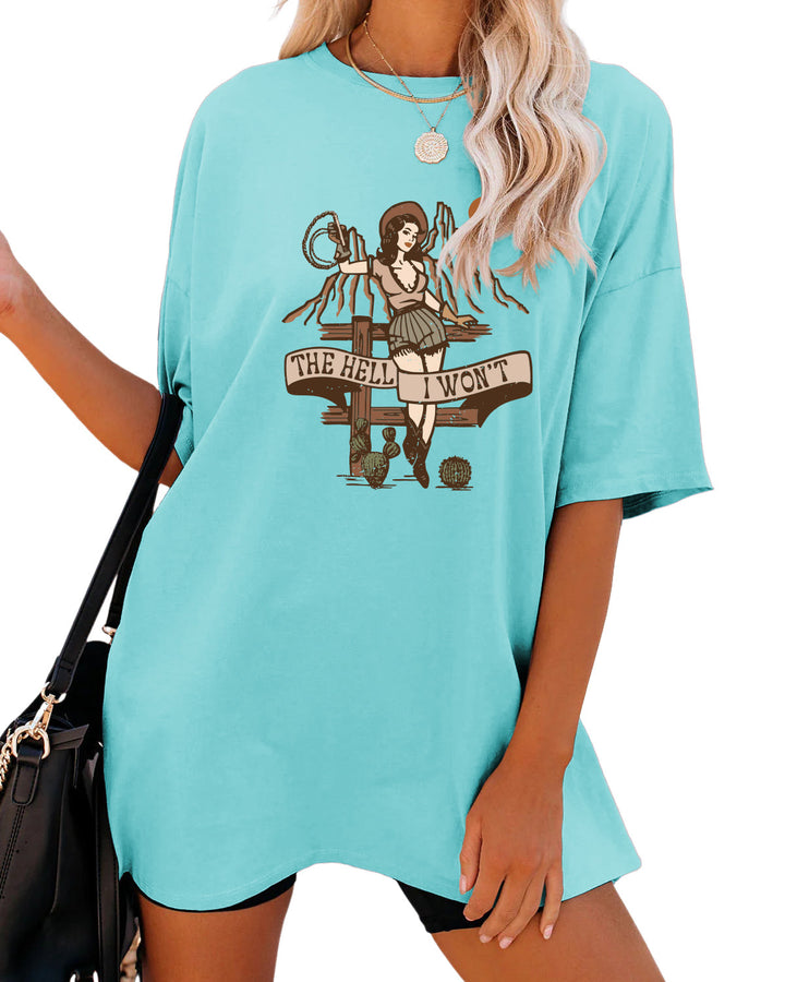 Women's Fashion Casual The Hell I Won't Print Round Neck Short Sleeve-Blouses & Shirts-Zishirts