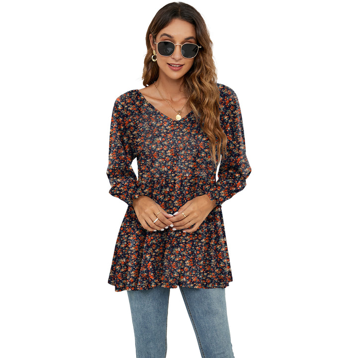 Women's Fashion Casual Printing Bubble Long Sleeve Waist Top-Blouses & Shirts-Zishirts