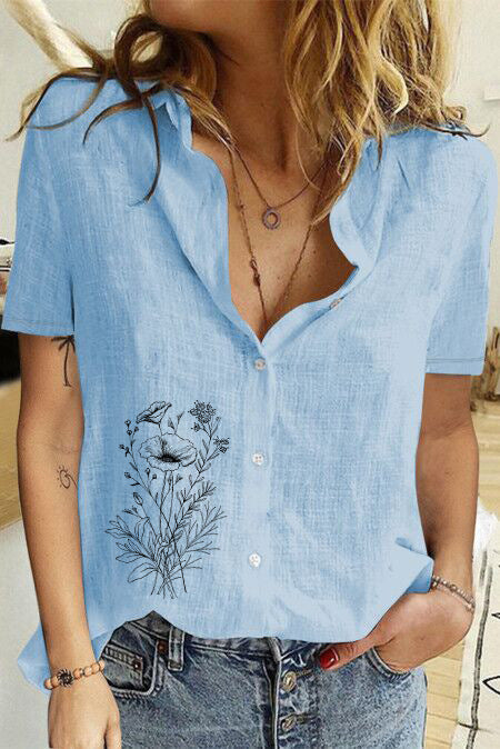 Women's Printed Linen Shirt Short Sleeve-Women's Outerwear 2023-Zishirts