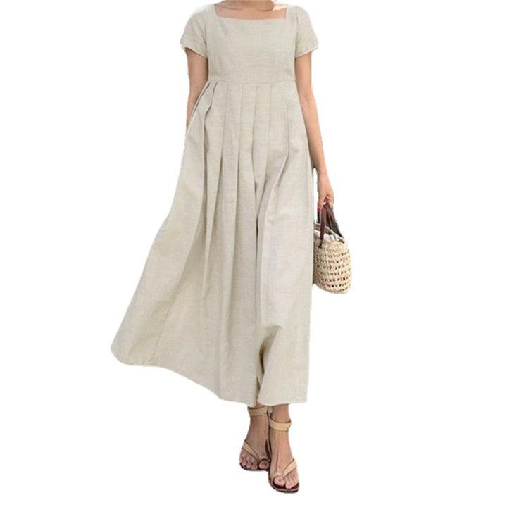 Cotton And Linen Dress Large Swing Short Sleeve Square Collar Elegant-Women's Outerwear 2023-Zishirts