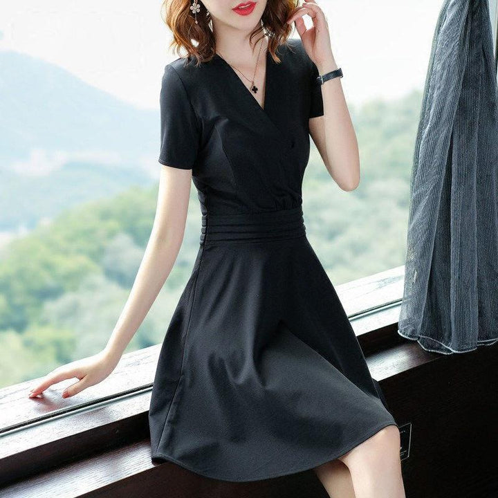 Mid-length Waist Skimming Small Black Dress Women-Suits & Sets-Zishirts