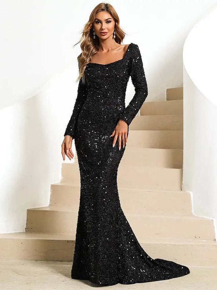 V-neck Hip Sequined Mid-waist Flared Sleeve Dress-Lady Dresses-Zishirts