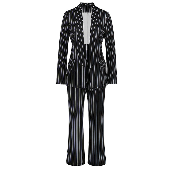 Women's Fashion Casual Striped Blazer Straight-leg Wide-leg Pants Suit-Suits & Sets-Zishirts