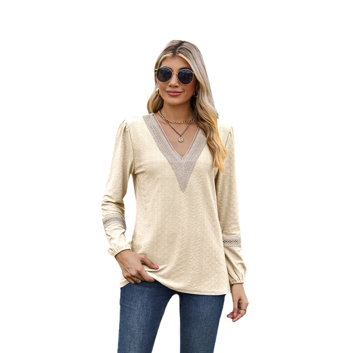 Lace V-neck Patchwork Long Sleeve Loose-fitting T-shirt Top-Blouses & Shirts-Zishirts