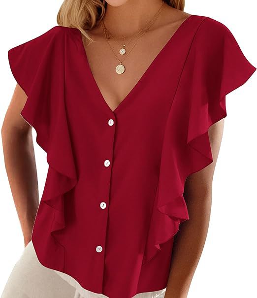 Women's Top Pleated Cover Ruffle Sleeve V-neck-Womens 2024 March-Zishirts