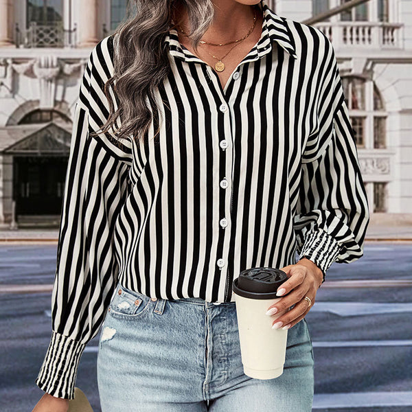 New European And American Long-sleeved Commuter Striped Shirt For Women-Blouses & Shirts-Zishirts