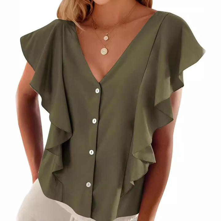 Women's Top Pleated Cover Ruffle Sleeve V-neck-Womens 2024 March-Zishirts