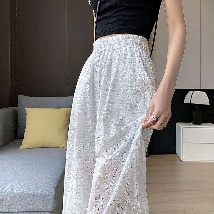 Straight Wide-leg Women's Loose White Embroidered Hollow Casual Pants-0-Zishirts