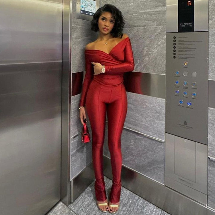 Women's Fashionable V-neck High Waist Tight Trousers Casual Sports Suit-Suits & Sets-Zishirts