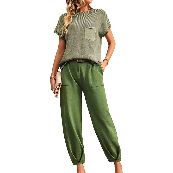 Women's Fashion Casual Short-sleeved Trousers Home Wear Contrast Color Sweater Two-piece Suit-Suits & Sets-Zishirts