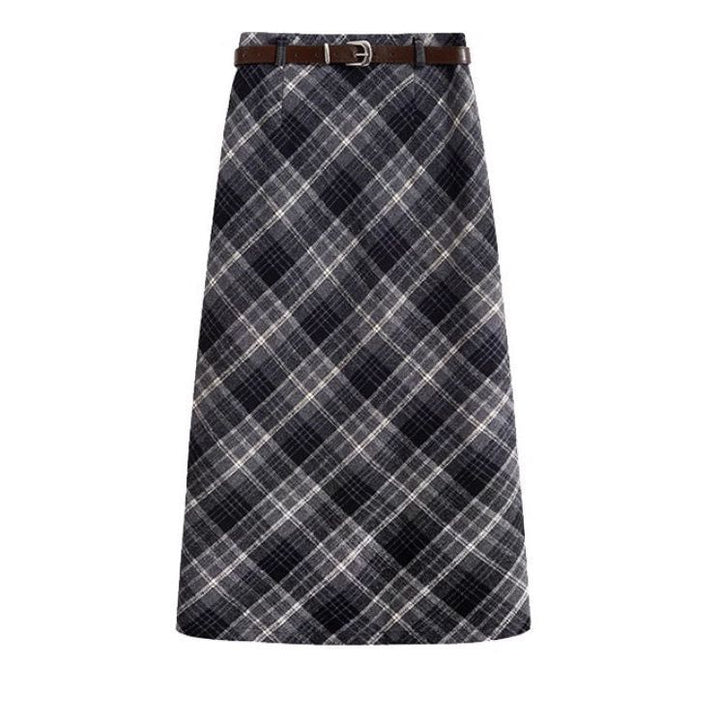 High Waist Mid-length Woolen Plaid Skirt For Women-Women's Outerwear 2023-Zishirts