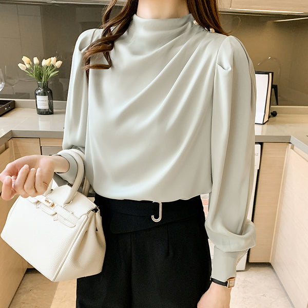 Stand Collar Pleated Lantern Sleeve Long Sleeve Top Loose Women's Shirt-Blouses & Shirts-Zishirts