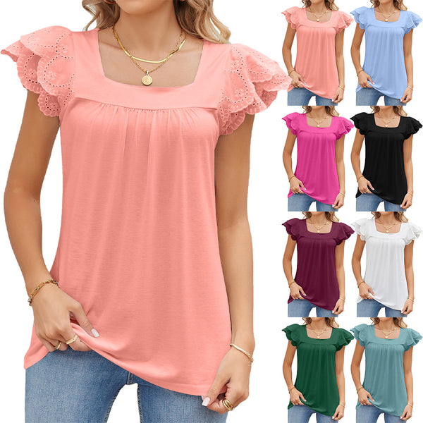 Solid Color Lace Stitching Square Collar Petals Short Sleeve T-shirt Top Female-Blouses & Shirts-Zishirts