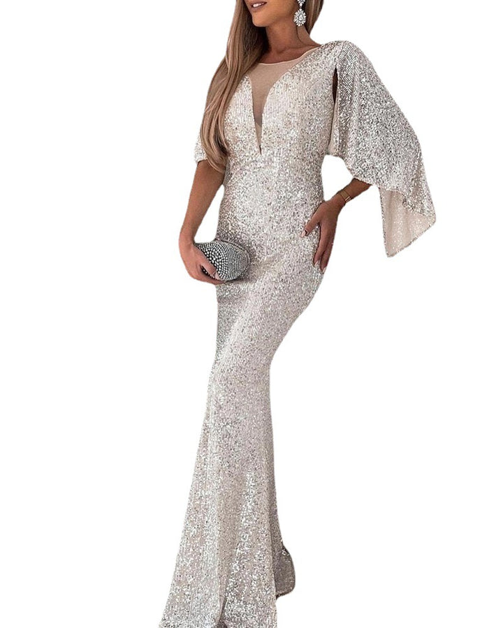 Silver Fishtail Female Banquet Host Sequin Formal Dress-Lady Dresses-Zishirts