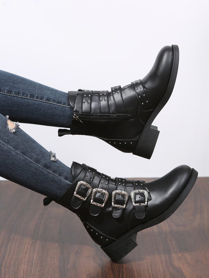 Women's Fashion Belt Buckle Flat Heel Mid-calf Chunky Heel Round Head Dr Martens Boots-Womens Footwear-Zishirts