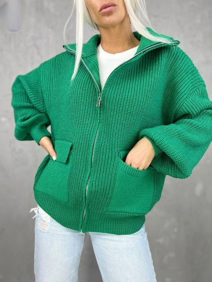 Women's Fashion Casual Zipper Long-sleeved Knitted Cardigan-Sweaters-Zishirts