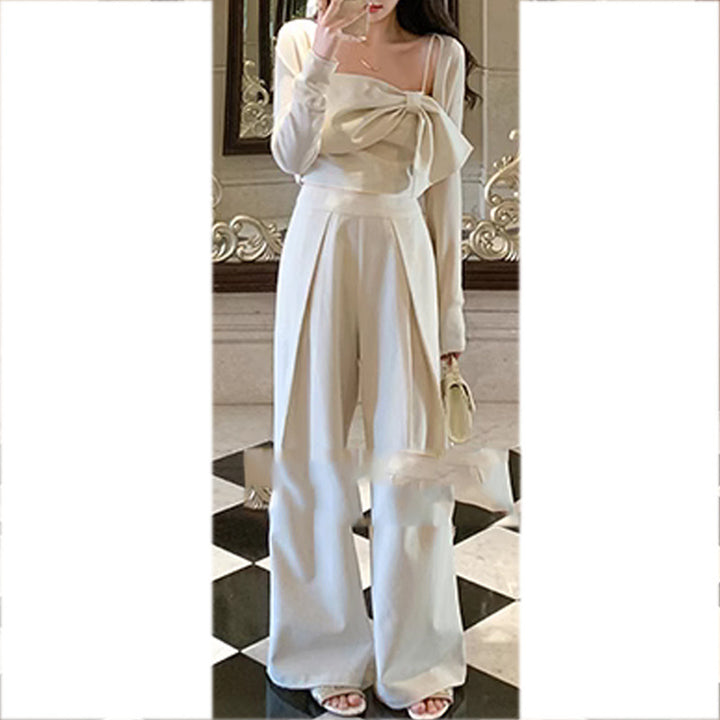 Women's Bow Suspenders Top Wide Leg Pants Suit-Womens 2024 March-Zishirts