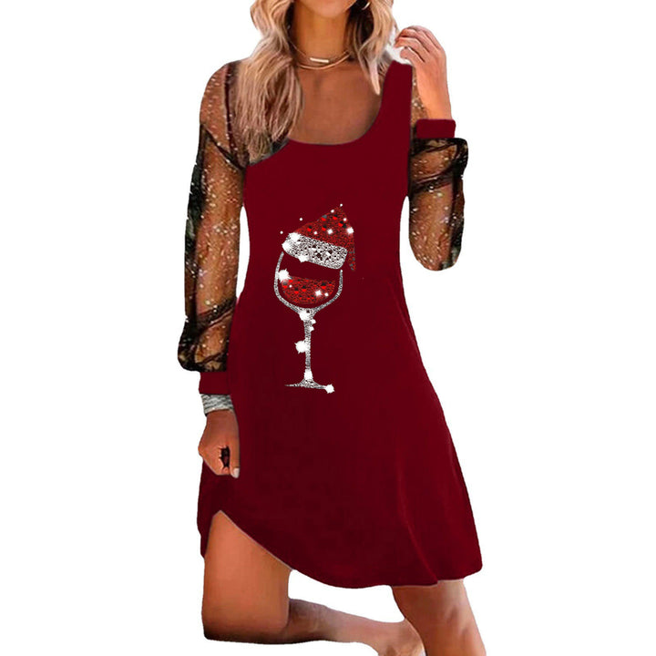 Christmas Wine Glass Printed Pullover Long Sleeve Dress-Womens 2024 March-Zishirts