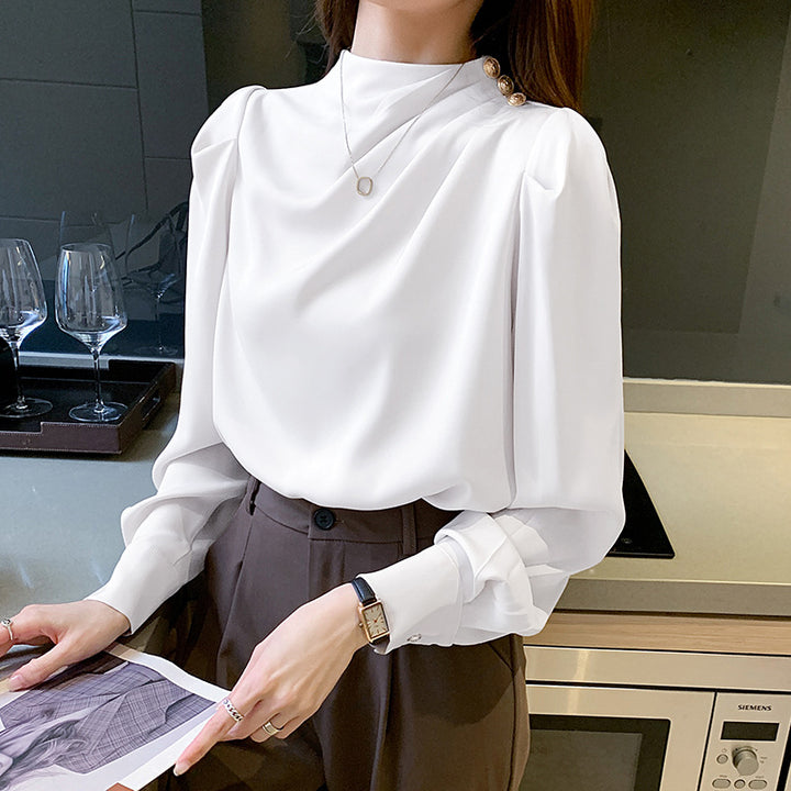 Stand Collar Pleated Lantern Sleeve Long Sleeve Top Loose Women's Shirt-Blouses & Shirts-Zishirts