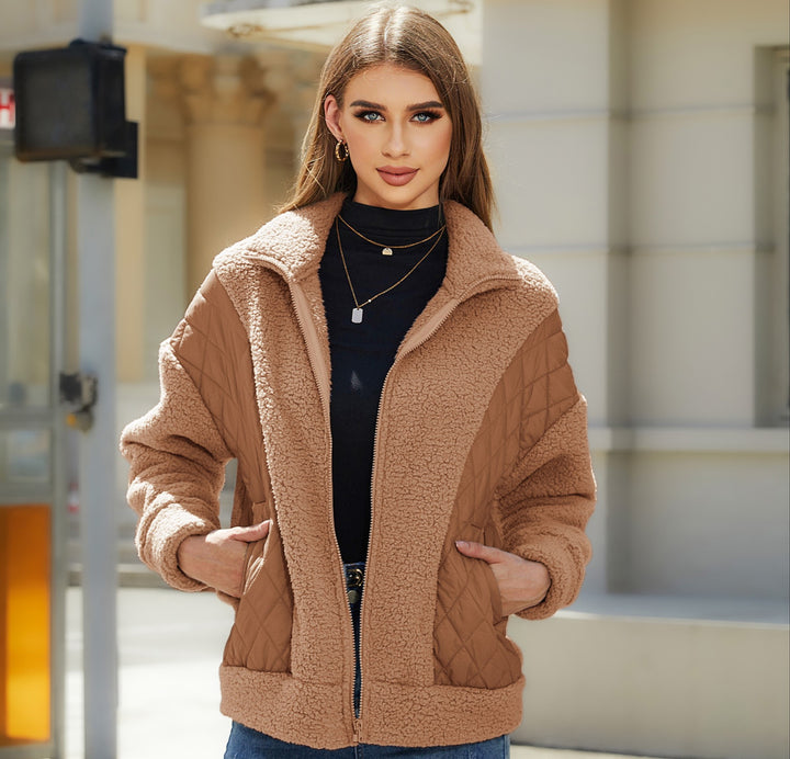 Cardigan Zipper Plush Stitching Women's Coat-Jackets-Zishirts