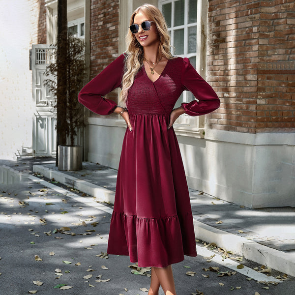 Women's V-neck Smocking Solid Color Dress-Lady Dresses-Zishirts