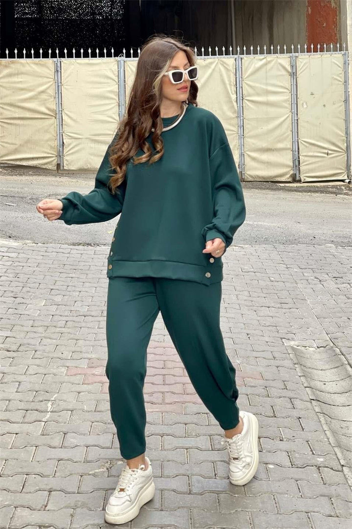 Metal Button Long Sleeve Shirt Sports Casual Ankle Banded Pants Suit-Women's Outerwear 2023-Zishirts