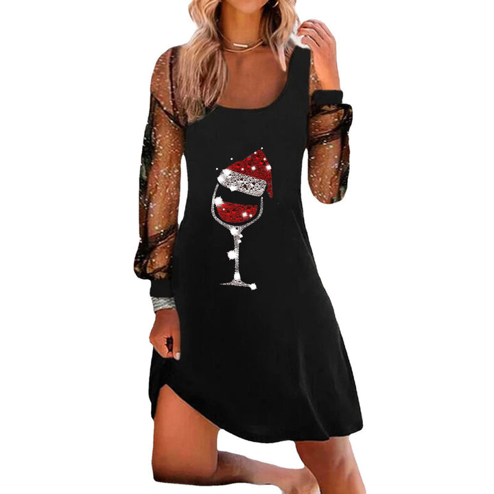 Christmas Wine Glass Printed Pullover Long Sleeve Dress-Womens 2024 March-Zishirts