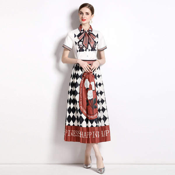 Printed Shirt Collar Elegant Fashionable Pleated Skirt Fashion Two-piece Set-Womens 2024 March-Zishirts