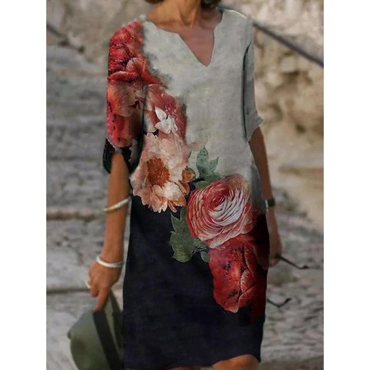 Flower Print Rendering V-neck Half Sleeves Mid-waist Pullover A- Line Skirt Dress-Womens 2024 March-Zishirts