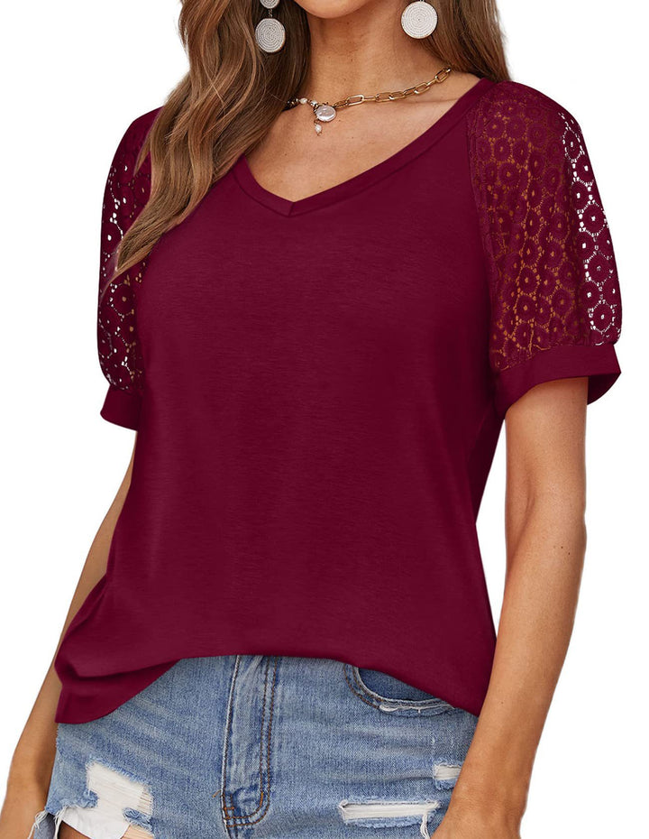 V-neck Lace Stitching Casual T-shirt For Women-Blouses & Shirts-Zishirts