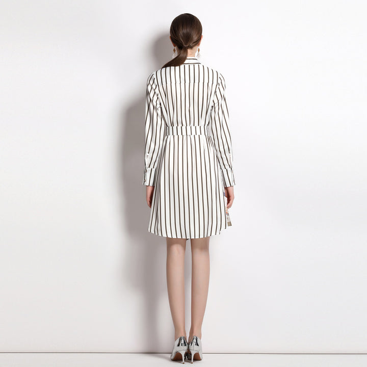 Design Striped Shirt Dress Korean Style Loose Stitching-Womens 2024 March-Zishirts