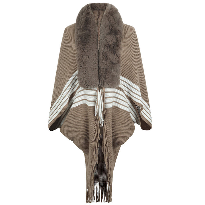 Tassel Cape And Shawl Women's Striped Fur Collar Scarf-Scarves & Wraps-Zishirts