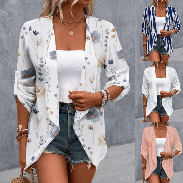 Women's Fashion Long Sleeve Casual Rolled Sleeves Cardigan Jacket-Womens 2024 March-Zishirts