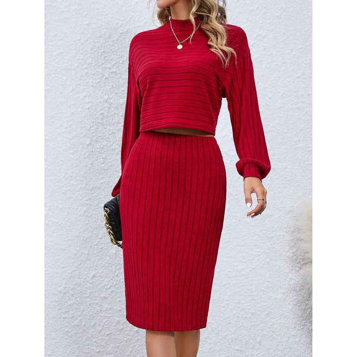 Long Sleeve Top Solid Color Hip Skirt Two Pieces-Suits & Sets-Zishirts