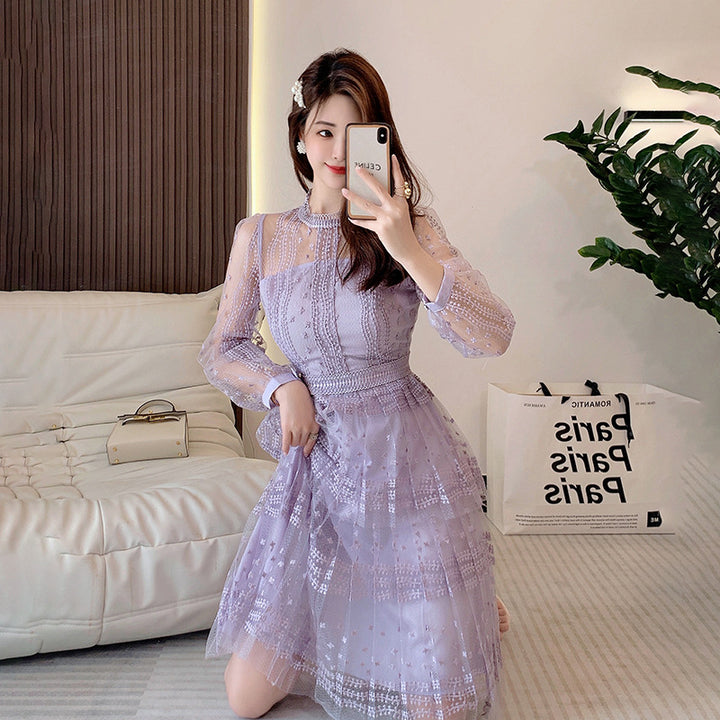 Lilac Purple Lace Stitching Mesh Embroidered Long Sleeve Round Neck See-through Dress-Womens 2024 March-Zishirts