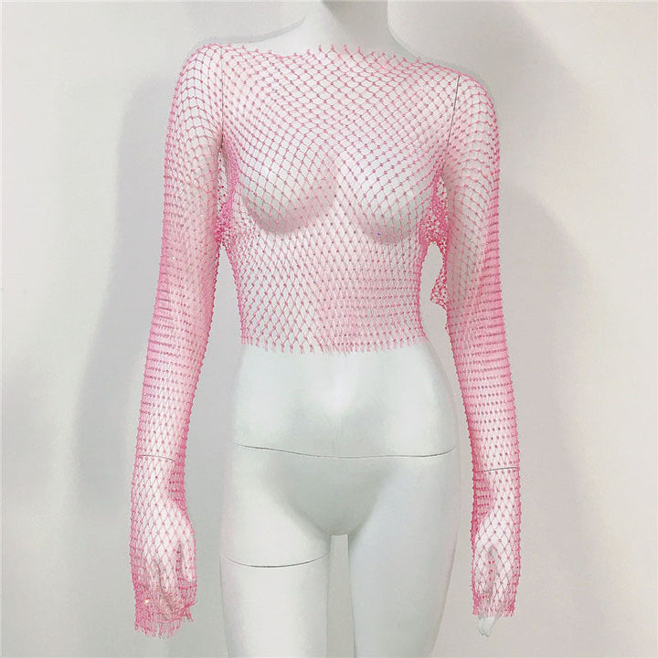 Fishnet Long Sleeve Top Mesh Rhinestone-Blouses & Shirts-Zishirts