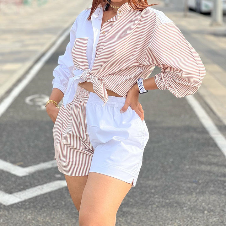 Women's Fashion Casual Loose-fitting Striped Long Sleeves Shirt Wide Leg Shorts Suit-Suits & Sets-Zishirts