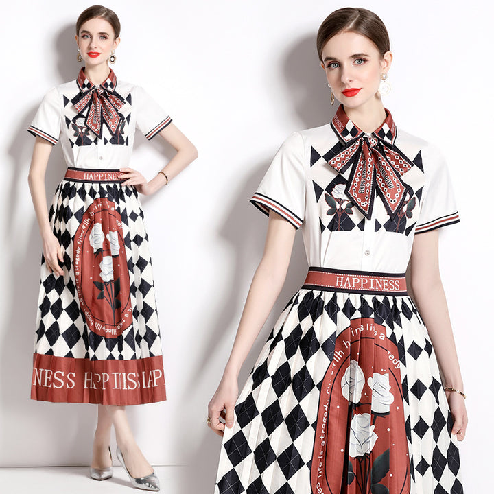 Printed Shirt Collar Elegant Fashionable Pleated Skirt Fashion Two-piece Set-Womens 2024 March-Zishirts