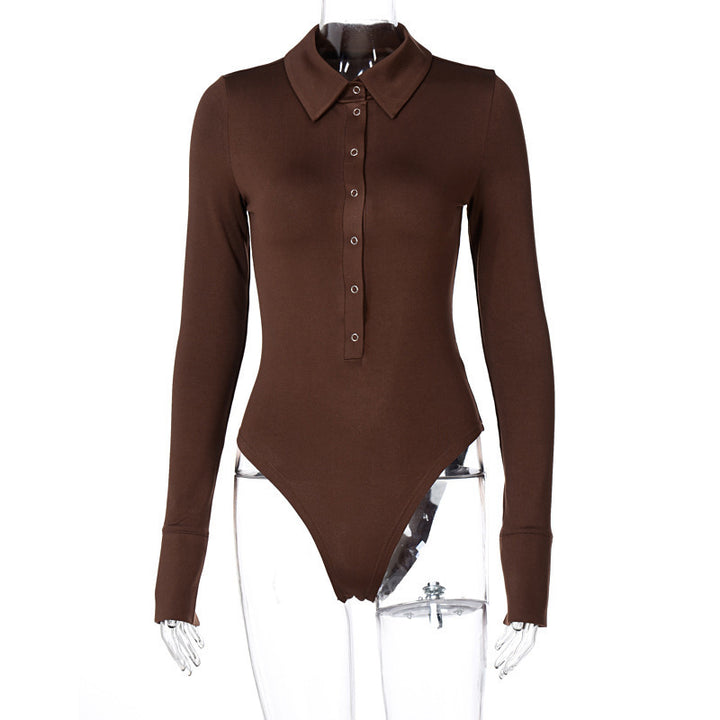 Women's Fashionable Temperament Polo Collar Half Button Slim-fit Long-sleeved Jumpsuit-Blouses & Shirts-Zishirts
