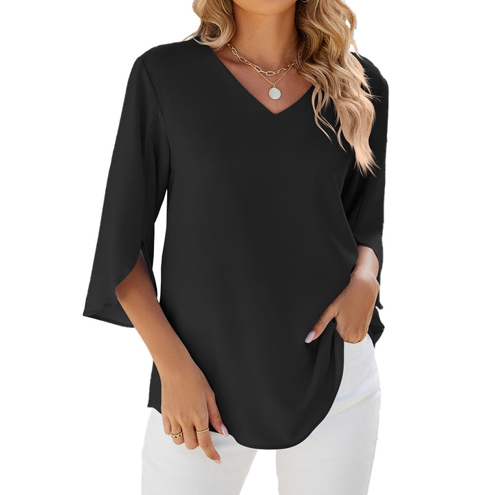 Women's Fashion Solid Color And V-neck Half Sleeves Loose Chiffon Blouse Top-Womens 2024 March-Zishirts