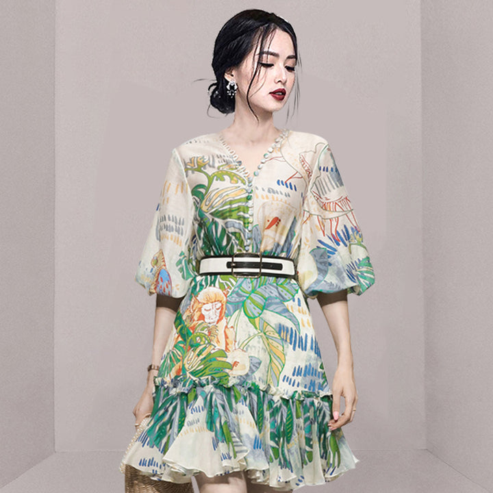 Retro Lantern Sleeve Waist Slimming Green Printing Dress-Womens 2024 March-Zishirts