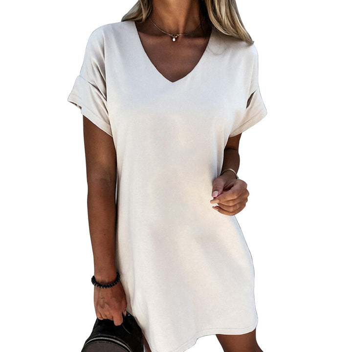 Women's Short Sleeve V-neck Solid Color Loose Dress-Women's Outerwear 2023-Zishirts