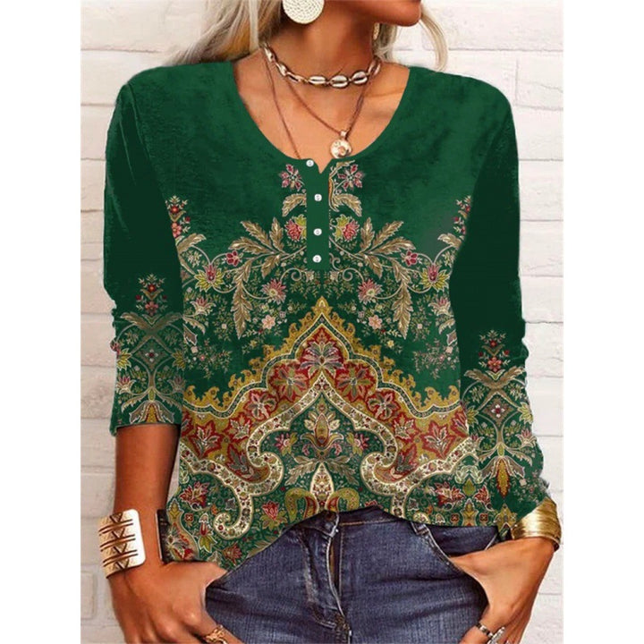 Women's Fashion Loose-fitting Long Sleeves Geometric Floral U-neck Button T-shirt-Womens 2024 March-Zishirts